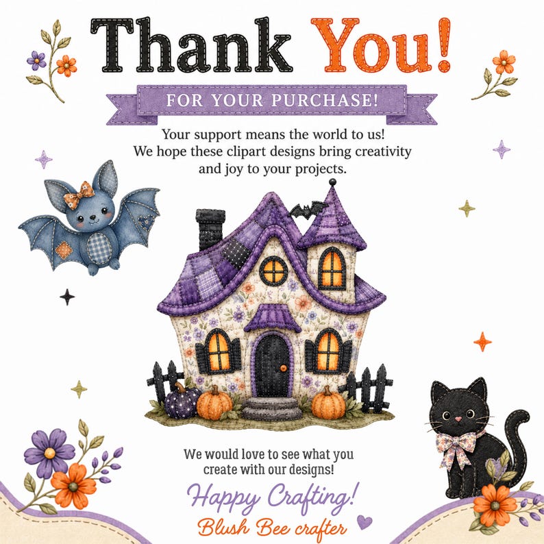 Sewn patchwork Halloween house with bat, cat, pumpkins, and "Thank You" message.