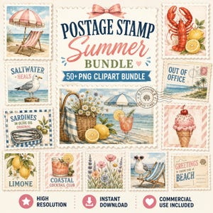 May include: A digital collection of summer-themed postage stamp illustrations featuring watercolor designs of beach scenes, a lobster, lemons, a seagull, an ice cream cone, cocktails, and wildflowers, with the text Postage Stamp Summer Bundle.