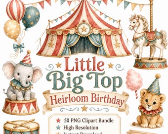 Vintage Circus Clipart Bundel 50 Aquarel PNG's | Erfgoed Babyshower Eerste Verjaardagsfeest Uitnodiging Digitale Kit
