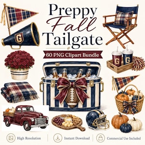 May include: A digital clipart bundle titled Preppy Fall Tailgate featuring illustrations of a plaid pennant, megaphone, director chair, cooler with a football, pumpkins in a basket, a red truck, a charcuterie board, and a football helmet.