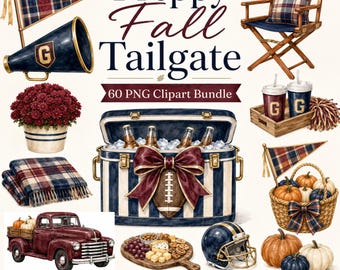 Preppy herfst tailgate clipart bundel 60 PNG | Herfst digitale afbeeldingen, aquarel ruitjespatroon, voetbalelementen, gezellige sfeer