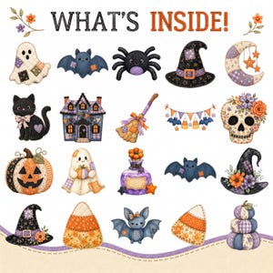 Halloween quilt patches with ghost, bat, witch hat, pumpkin, skull, and candy corn.