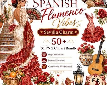 Bundel met clipart van Spaanse flamenco-sfeer, meer dan 50 aquarel PNG-afbeeldingen van de Spaanse cultuur en dans uit Sevilla, geschikt voor commercieel gebruik.