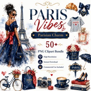 May include: A digital clipart bundle featuring watercolour illustrations of Paris-themed items including a person in a navy dress, the Eiffel Tower, a striped shirt, perfume, flowers, a bicycle, a camera, a coffee cup, and books with the text PARIS VIBES.