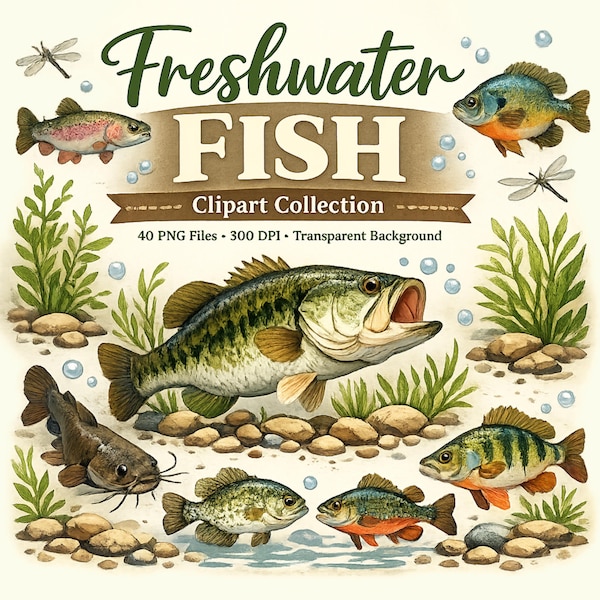 Freshwater Fish Clipart Collection, 40 PNG Files, Realistic Watercolor Fishing Graphics, Digital Nature Art, Bass Catfish Trout Perch