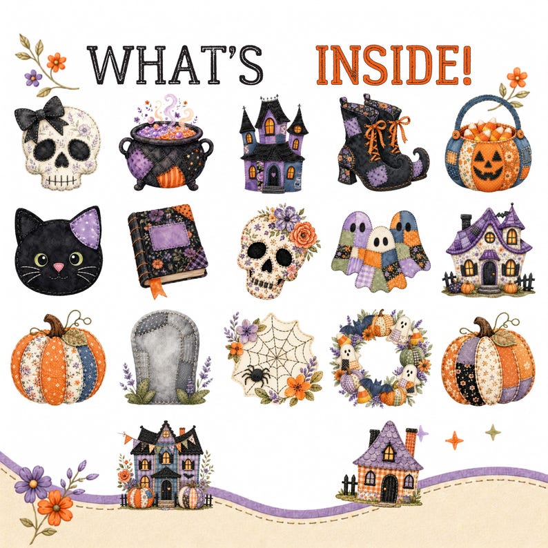Quilted Halloween motifs including skulls, pumpkins, cats, ghosts, haunted houses, and witch boots.