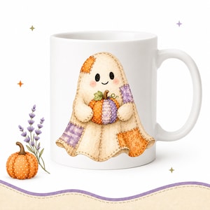White mug with a cute patchwork ghost holding a pumpkin, with lavender and a pumpkin accent.