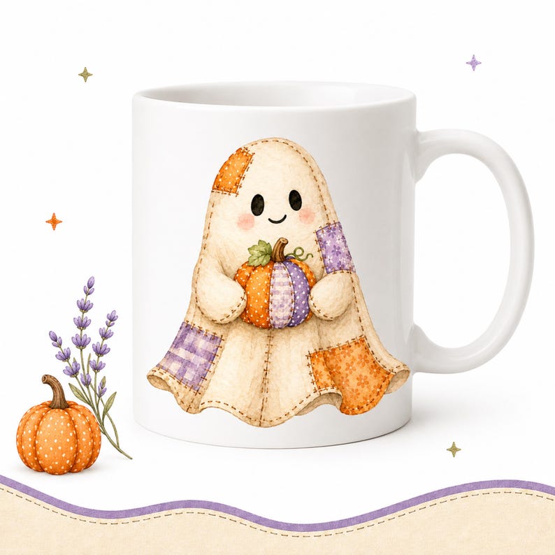 White mug with a cute patchwork ghost holding a pumpkin, with lavender and a pumpkin accent.