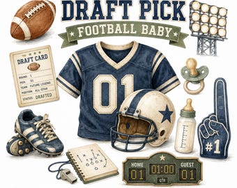 Eerste Draft Pick Voetbal Baby Clipart 50 PNG Set, Aquarel Digitale Sport Babyshower Babykamer Uitnodiging Commercieel Gebruik