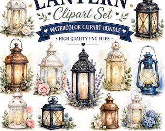 Könnte beinhalten: Eine digitale Sammlung von Aquarell-Laternenillustrationen mit verschiedenen Stilen, Farben und floralen Akzenten. Der Text lautet LANTERN Clipart Set, WATERCOLOR CLIPART BUNDLE, HIGH QUALITY PNG FILES, 20+ PNG FILES, 300 DPI und TRANSPARENT BACKGROUND.