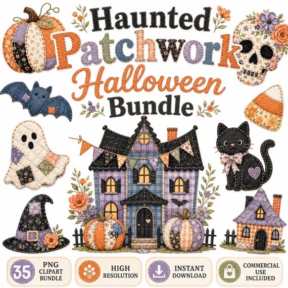 35 Patchwork Halloween Clipart Bundle, Haunted House Ghost Bat PNGs, Digital Download, Commercial Use Quilted Art