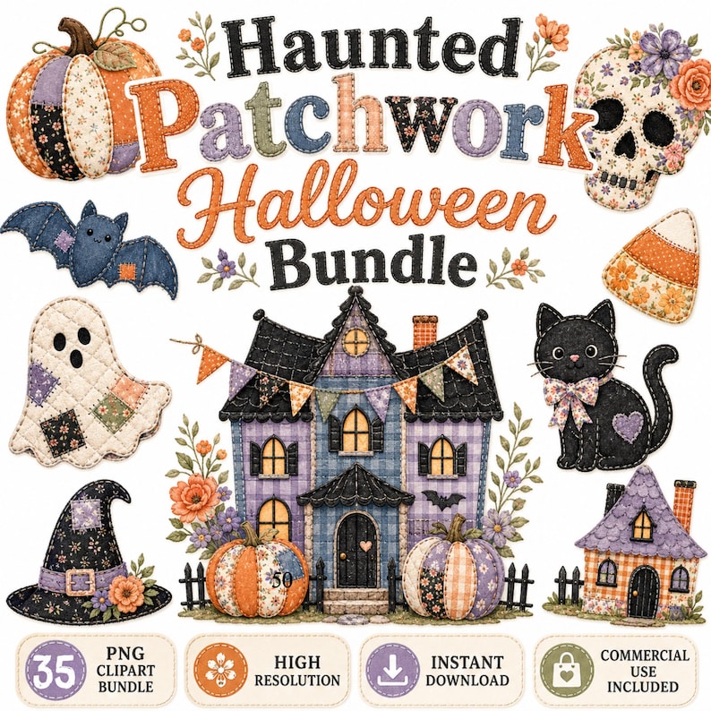 Haunted Patchwork Halloween Bundle with pumpkins, cat, ghost, bat, skull, and house.