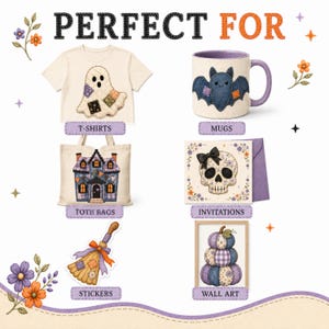 Halloween patchwork designs on t-shirts, mugs, tote bags, invitations, stickers, and wall art.