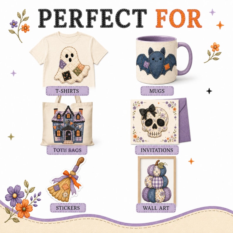 Halloween patchwork designs on t-shirts, mugs, tote bags, invitations, stickers, and wall art.