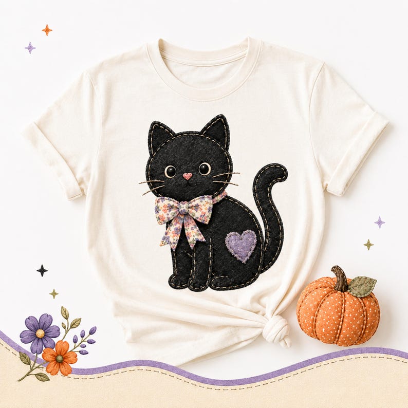Felt black cat with floral bow and purple heart on cream t-shirt.