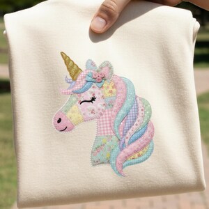 Pastel Faux Patchwork Unicorn Head, Glitter Horn Sublimation, Transparent PNG, Floral Fabric Quilted Effect, Magical Digital Art, 300 DPI