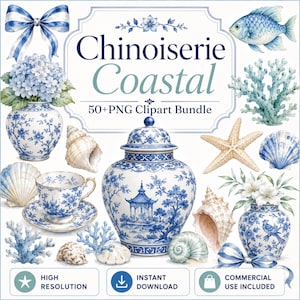 May include: A digital clipart bundle titled Chinoiserie Coastal 50+PNG Clipart Bundle featuring blue and white porcelain vases, teacups, seashells, coral, a fish, and ribbons. The collection includes various coastal and floral illustrations.