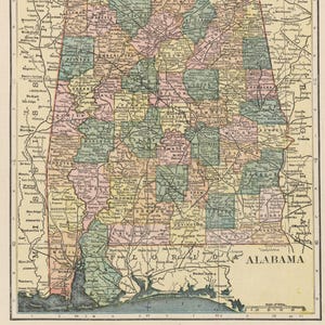 1800er-Alabama State Map- US Bundesstaats-Kartensammlung 1 von 50-Großartig für Clip Art - DIY-Projekte - Poster und Wanddekoration - Hochauflösendes Bild