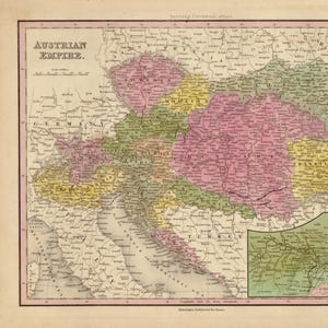 May include: A vintage map of the Austrian Empire, featuring a detailed depiction of the region with various colors highlighting different territories. The title "Austrian Empire" is displayed at the top, with a scale bar and geographical details.