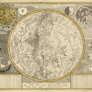 Puede incluir: Antiguo mapa celeste que muestra el hemisferio sur, con ilustraciones detalladas de constelaciones y datos astronómicos. El mapa tiene un borde amarillo y texto en latín. Diagramas celestes adicionales en las esquinas. Medidas en cm.