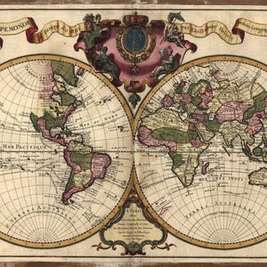 May include: Antique world map featuring two hemispheres, with continents in green and pink. The map includes text in French and Latin, with decorative elements like a royal crest and ribbon banners. The map is framed in a wooden border.