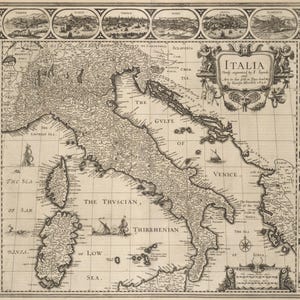 May include: An antique map of Italy, featuring detailed geographical representations of the Italian peninsula and surrounding islands. The map includes text labels, illustrations, and decorative borders with figures and city views. The title "Italia" is prominently displayed.