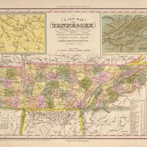 May include: Antique map of Tennessee with roads and distances, featuring inset maps of Nashville and Knoxville. The map is in shades of yellow, green, pink, and brown, with text detailing steam boat routes and other information. The title reads "A New Map of Tennessee."