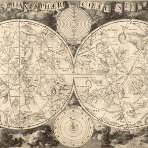 May include: An antique celestial map with detailed illustrations of constellations, zodiac signs, and celestial bodies. The map is in sepia tones, featuring intricate line work and the title "PLANISPHAERII COELESTIS" at the top. Various circular diagrams and illustrations surround the main map.
