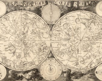 May include: An antique celestial map with detailed illustrations of constellations, zodiac signs, and celestial bodies. The map is in sepia tones, featuring intricate line work and the title "PLANISPHAERII COELESTIS" at the top. Various circular diagrams and illustrations surround the main map.