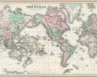 May include: Antique world map with continents in shades of pink, green, and beige. The map includes the title "PHYSICAL MAP OF THE WORLD" and is surrounded by a decorative border. The map is a vintage print.