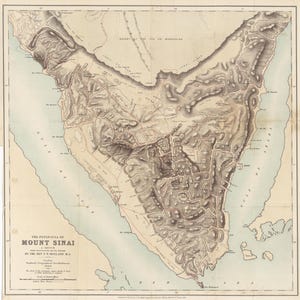May include: An antique map depicting the Sinai Peninsula, with detailed topographical features and place names. The map, in shades of brown and beige, includes the text "The Peninsula of Mount Sinai". The map shows the coastline and surrounding areas.