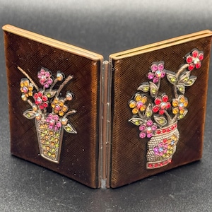 Vintage Mini Bi-fold Picture Frame-Ornate Picture Frame-Enamel Finish-Crystal Accents-Flower Theme-
