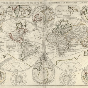 May include: Antique world map featuring two hemispheres and additional smaller circular maps. The map is printed in black ink on aged paper, with detailed geographical features and text. The title is in French.