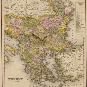 May include: Antique map of Turkey in Europe, from Tanner's Universal Atlas. The map features detailed geographical information, with countries and regions colored in shades of yellow, pink, green, and brown. The title "TURKEY IN EUROPE" is prominently displayed.