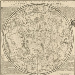 May include: An antique celestial planisphere map, featuring detailed illustrations of constellations and celestial bodies. The map is circular, with intricate lines and text in French. The overall color is a sepia tone, giving it a vintage appearance.