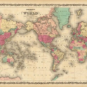 May include: Antique world map with a decorative border. The map features continents in various colors, including pink, yellow, and green, with oceans in a light blue hue. The title "JOHNSON'S WORLD" is displayed at the top.
