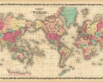 May include: Antique world map with a decorative border. The map features continents in various colors, including pink, yellow, and green, with oceans in a light blue hue. The title "JOHNSON'S WORLD" is displayed at the top.