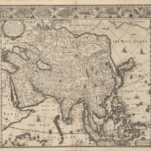 May include: An antique map of Asia, with detailed geographical features and text labels. The map includes illustrations of people and decorative borders. Printed in black and white.