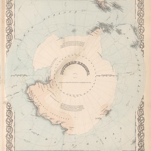 May include: Vintage map of the Southern Regions, depicting Antarctica. The map uses soft pastel colours and has a detailed border. Text includes "Southern Regions" and place names. A classic cartographic piece.