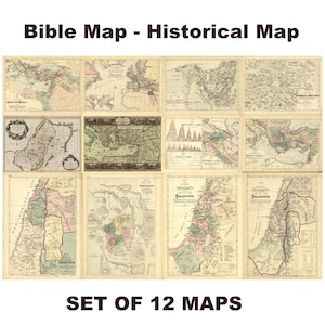 Może przedstawiać: Kolekcja dwunastu historycznych map biblijnych ułożonych w siatkę. Wydruki wykonane są na postarzanym, kremowym papierze ze szczegółową kartografią, liniami topograficznymi i etykietami tekstowymi w języku angielskim.