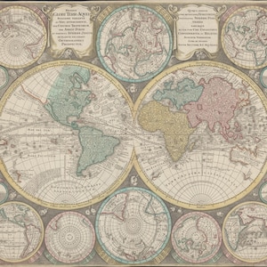 May include: A vintage world map with detailed cartography, featuring continents in shades of green, yellow, and red. The map includes text in Latin and smaller inset maps of polar regions. The overall color palette is muted, with a focus on historical accuracy.