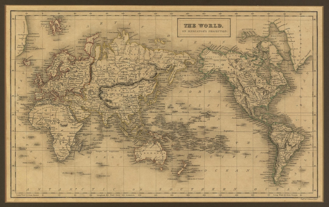 Vintage Historical World Map - 1840 Mercator's World Map Print
