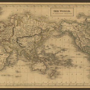 Op de afbeelding: Oude wereldkaart met gedetailleerde geografische kenmerken, waaronder continenten, oceanen en landen. De kaart is gedrukt op verouderd papier, met een donkere rand. De titel luidt "THE WORLD. OF MERCATOR'S PROJECTION."
