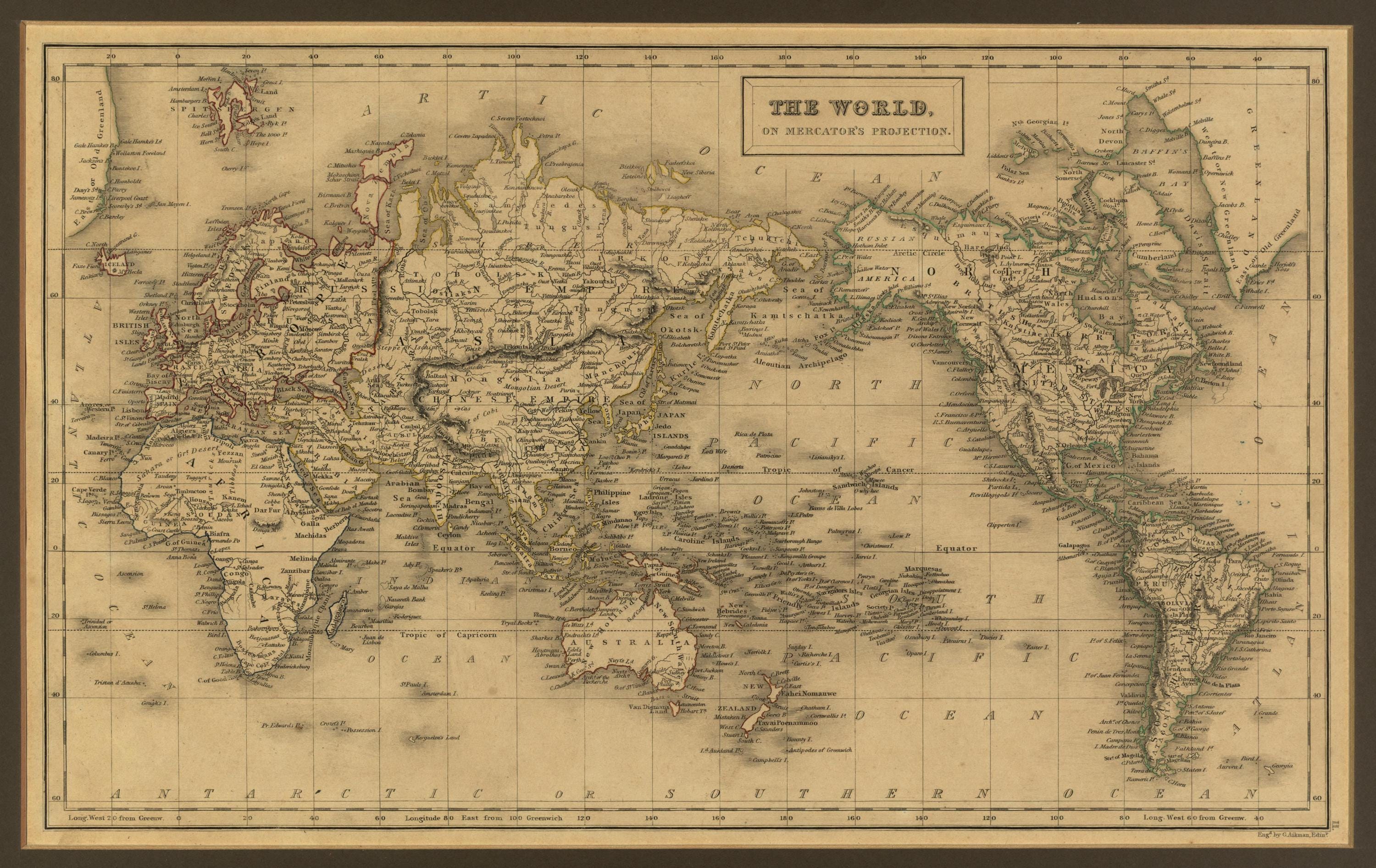 Vintage Historical World Map - 1840 Mercator's World Map Print