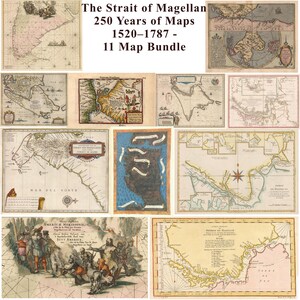 May include: A collection of 11 historical maps titled The Strait of Magellan 250 Years of Maps 1520-1787. The bundle features various antique cartographic illustrations of the Strait of Magellan, including nautical charts, land outlines, and decorative scenes.