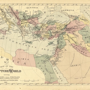 May include: Antique map titled "Map of the Scripture World," featuring a detailed geographical depiction of the ancient world. The map, dated 1881, uses a vintage color palette and includes text indicating distances from Jerusalem.