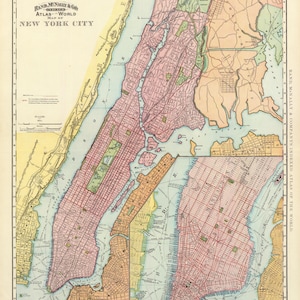 Puede incluir: Un mapa antiguo de la ciudad de Nueva York del Atlas del Mundo de Rand McNally & Co. El mapa presenta una vista detallada de Manhattan, Brooklyn y las áreas circundantes, con calles y puntos de referencia en rojo y rosa. El mapa está bordeado por un marco amarillo y beige.