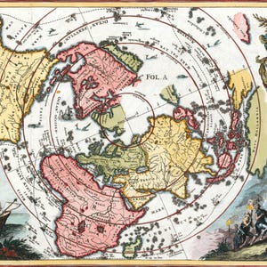 May include: A vintage, colorful map with a circular design, featuring continents in yellow, pink, and green. The map includes text and illustrations of a ship and figures. The text includes "VICTORIA" and "MAGEL LANE".