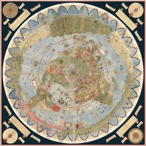 May include: A detailed, antique map of the world, featuring landmasses in shades of green, brown, and red, surrounded by a blue ocean. The map has a circular design with intricate details and is framed by a dark blue border. Additional circular and rectangular elements surround the map.
