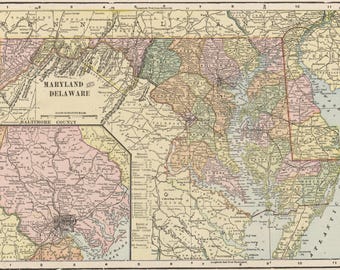 Vintage Maryland & Delaware Map: 1800s US State Map Print (Digital Download)-8x10 13x18 16x20